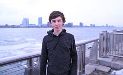 tim fellin model portrait in detroit michigan by the detroit river in winter